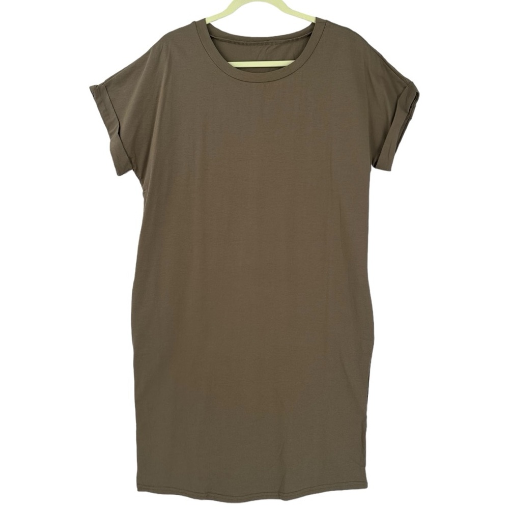 Yesno Women’s Short Cuffed Sleeve Midi T-Shirt Dress W/Pockets Army Green Size M